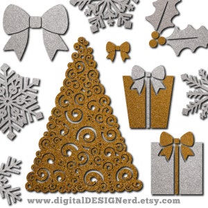 May include: A set of gold and silver glitter Christmas cutouts. The set includes a Christmas tree, snowflakes, a bow, a holly sprig, and two gift boxes. The text "www.digitalDESIGNerd.etsy.com" is at the bottom of the image.