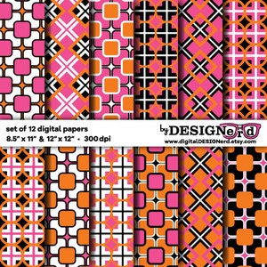 Roze oranje zwart-wit digitale papiercollectie 15 - 8,5 x 11 | 12 x 12 - plakboek afdrukbare geometrische geruite verjaardagsuitnodiging voor kinderen