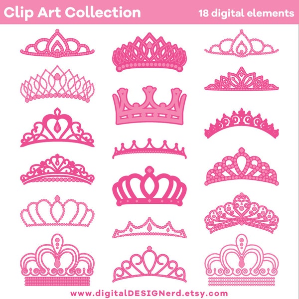 Clip Art Crowns & Tiaras - Pink (18 Digital Scrapbook Elements - PNG/JPG) Princess Jewelry Wedding Party Bride Diamond Invitation