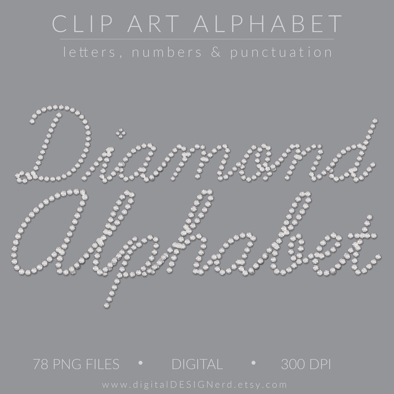 Cursive Diamond Lettering Diamond Gemstone Clip Art Alphabet: PNG Digital Embellishments (78 ...