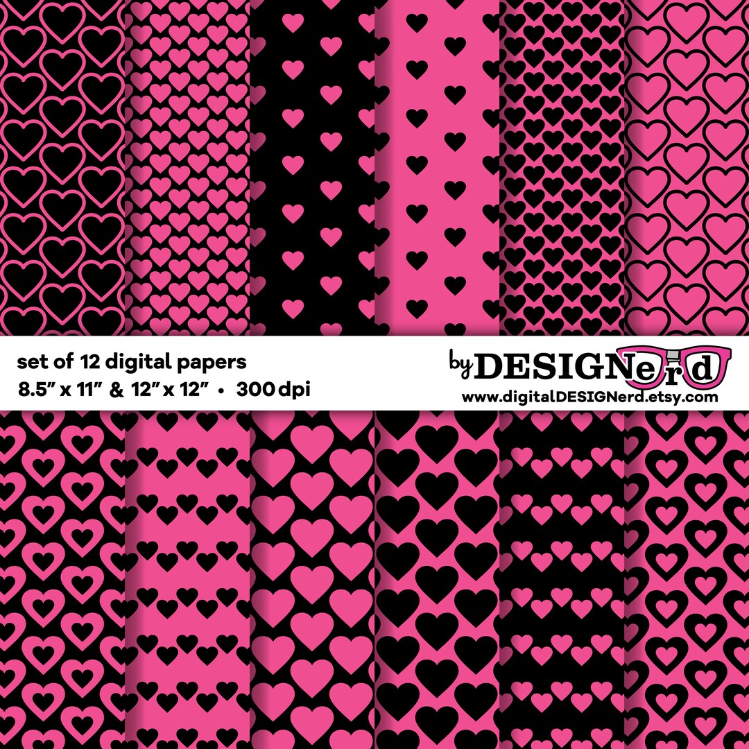 Pink and Black Heart Digital Paper | 12x12 & 8.5x11 | Printable ...