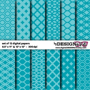 Papel digital para álbumes de recortes - Colección Azul Turquesa 9 - 8,5 x 11 / 12 x 12 - Navidad, invierno, fiestas, invitaciones, bodas, despedidas de soltera