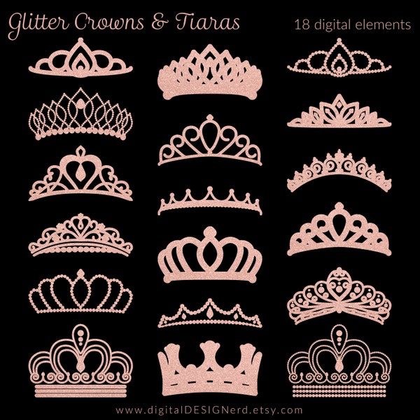 Rose Gold Glitter Clip Art Crowns & Tiaras | 18 PNG Digital Scrapbook Elements | Princess Jewelry Wedding Party Bride Queen Diamond Cricut