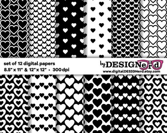 Black and White Heart Digital Paper | 12x12 & 8.5x11 | Printable Scrapbook Background Valentine Card Love Pattern Princess Birthday Party