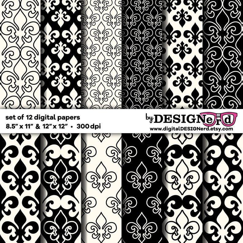 Digital Scrapbook Paper Black Ivory Fleur De Lis Etsy