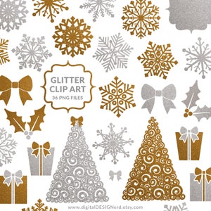 May include: Gold and silver glitter Christmas clip art with snowflakes, bows, holly, trees, and presents.  36 PNG files.  Glitter Clip Art.