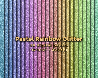 Glitter Digital Paper Set | Pastel Rainbow Sparkle | 24 Hi-Res Images (300 dpi) | 12 x 12 Printable Sheets | Soft Pale Muted Shimmer Spring