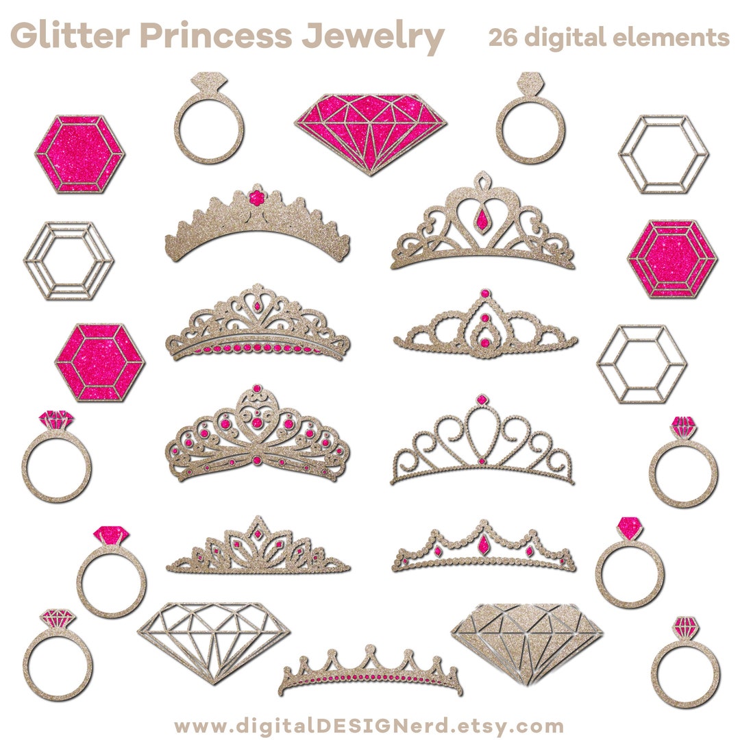 Sparkly Princess Jewelry Clip Art | Bright Silver & Pink Glitter | 26 ...