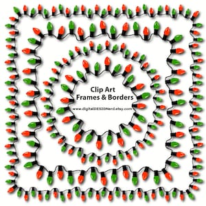 May include: Four frames of red and green Christmas lights in a square shape. The frames are nested inside each other, with the largest frame on the outside and the smallest frame on the inside. The text "Clip Art Frames & Borders" is in the center of the image.