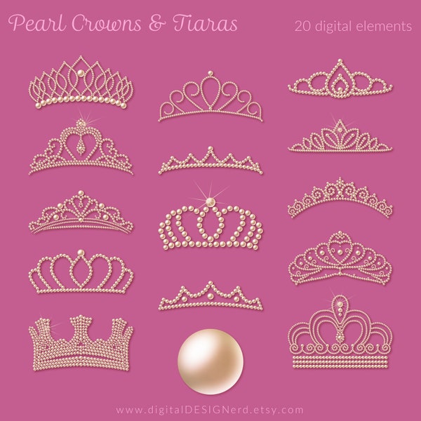 Champagne Gold Pearl Gemstone Clip Art Crowns & Tiaras | 20 PNG Digital Elements | Sparkle Metallic Princess Jewelry Wedding Bride