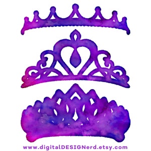 Clipart aquarelle couronnes et diadèmes | Violet et bleu | 18 éléments numériques - PNG et JPG | Bijoux de princesse scintillants pour fête de mariage