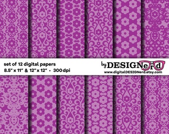 Digital Scrapbook Paper | Purple Floral Damask Collection | 8.5x11 + 12x12 | Graphic Modern Flowers Spring Summer Easter Baby Shower Bridal