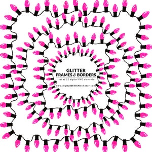 May include: Pink glitter Christmas lights in a frame design. The lights are arranged in three concentric circles. The text "Glitter Frames & Borders - set of 12 digital PNG elements - www.digitalDESIGNerd.etsy.com" is in the center of the image.