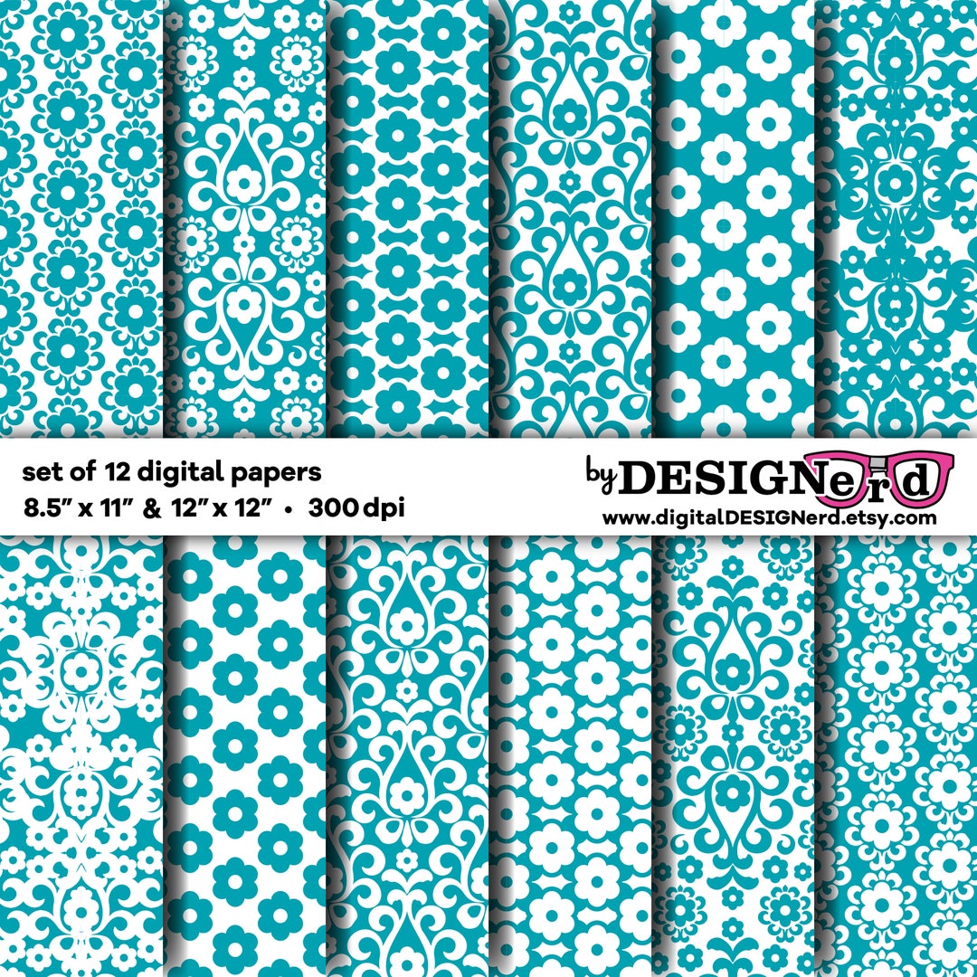 Digital Scrapbook Paper | Teal Blue & White Floral Damask Collection ...