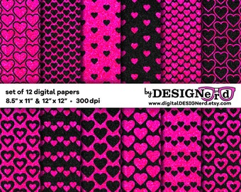 Glitter Heart Digital Paper | Neon Pink & Black | 12x12 8.5x11 Printable Scrapbook Background Valentine Love Pattern Princess Birthday Party