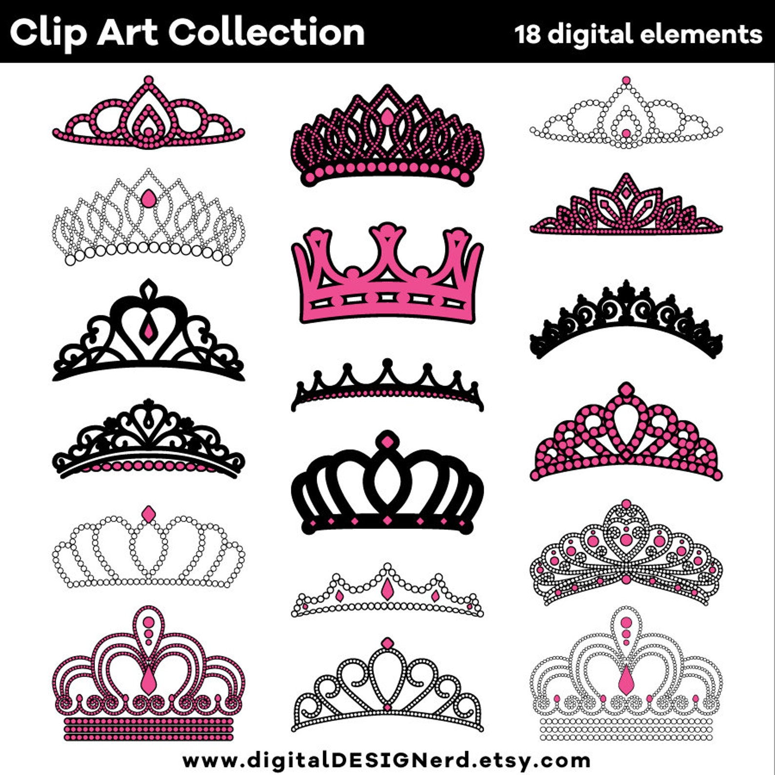 Clip Art - Pink Crowns & Tiaras (18 Digital Scrapbook Elements - PNG ...