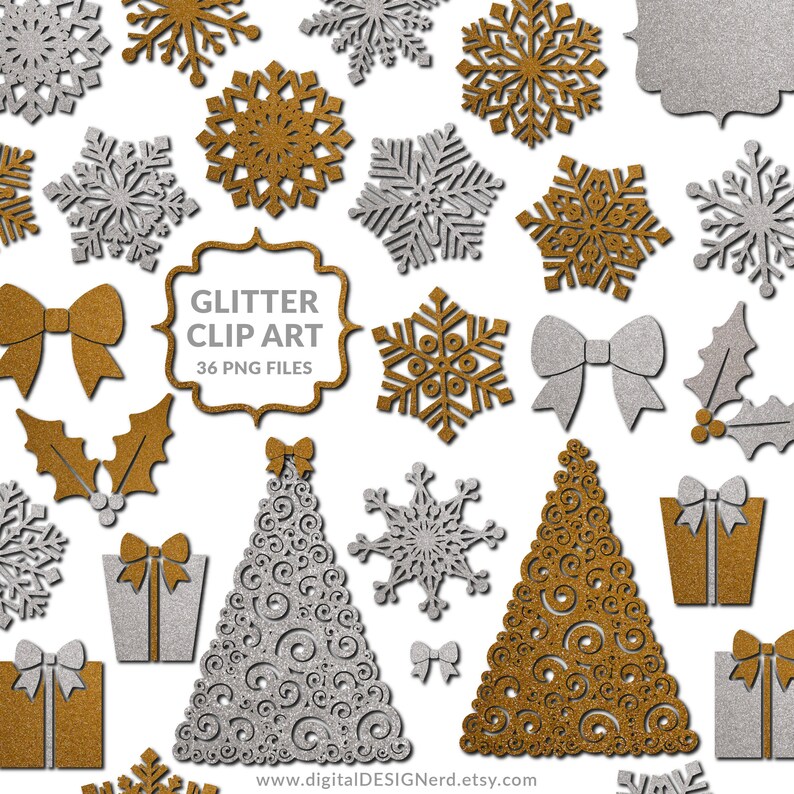 May include: Gold and silver glitter Christmas clip art with snowflakes, bows, holly, trees, and presents.  Glitter Clip Art 36 PNG Files.