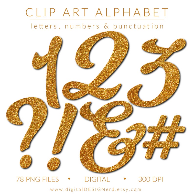 Clip Art Alphabet | Bright Gold Glitter Letters, Numbers & Punctuation ...