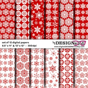 Digital Scrapbook Paper - Christmas / Winter - Red & White Snowflake Collection (8.5"x11" / 12"x12") Holiday Seasonal Snow Modern Party