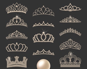 Ivory Pearl Gemstone Clip Art Crowns & Tiaras | 20 Digital Elements PNG | Sparkle Metallic Shimmer Princess Jewelry Wedding Bride