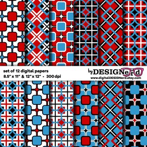 Rood blauw zwart-wit digitale papiercollectie 15 - 8,5 x 11 | 12 x 12: geometrische afdrukbare achtergrond retro geruite verjaardagsuitnodiging voor kinderen