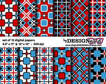 Red Blue Black & White Digital Paper Collection 15 - 8.5x11 | 12x12 - Geometric Printable Background Retro Plaid Kids Birthday Invitation