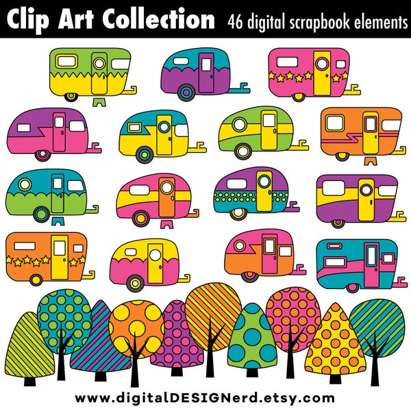 Clip Art - Vintage Campers (46 Digital Scrapbook Elements - PNG & JPG) Retro RVs - Trailer Camping - Summer Vacation - Bright Rainbow Trees