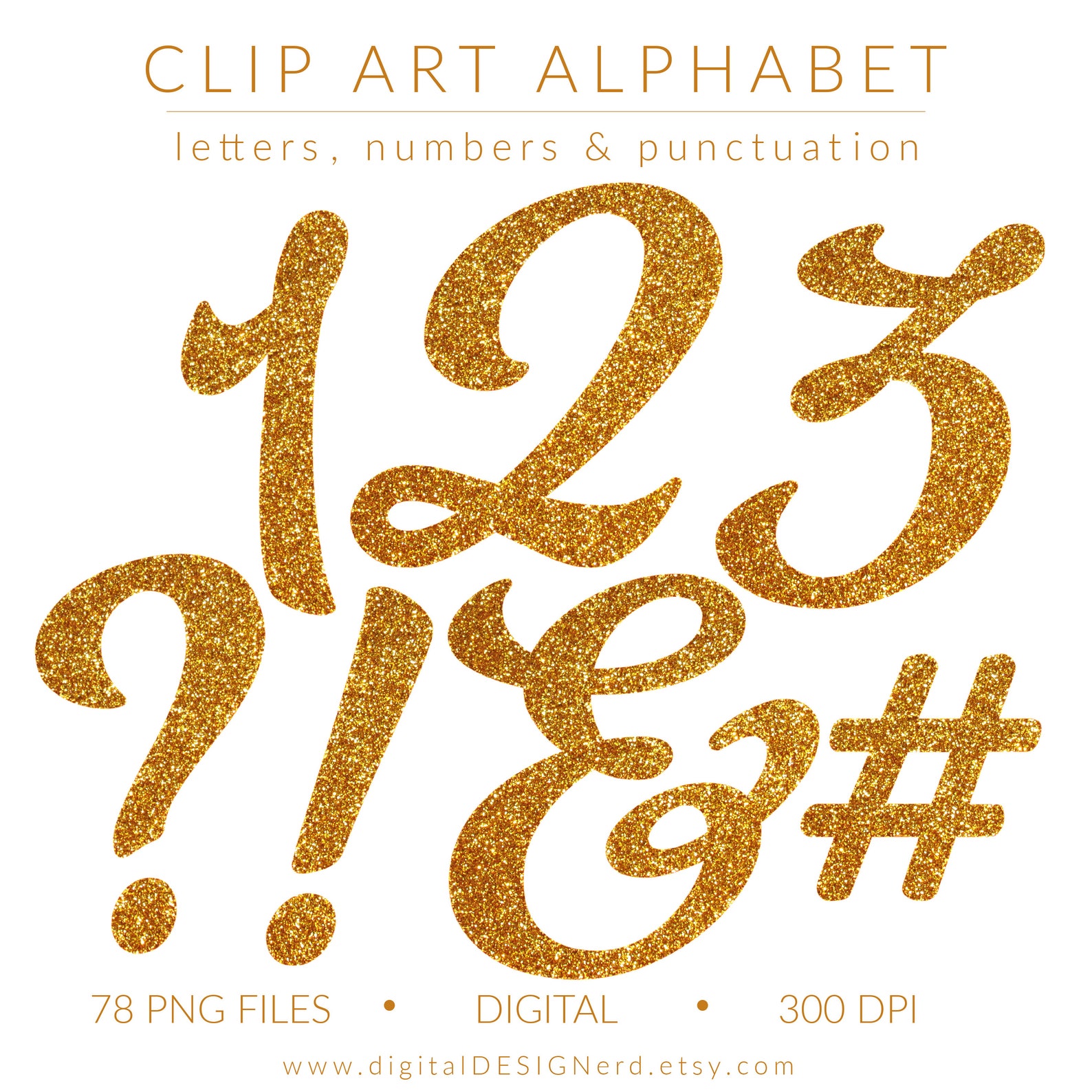 Clip Art Alphabet | Bright Gold Glitter Letters, Numbers & Punctuation ...