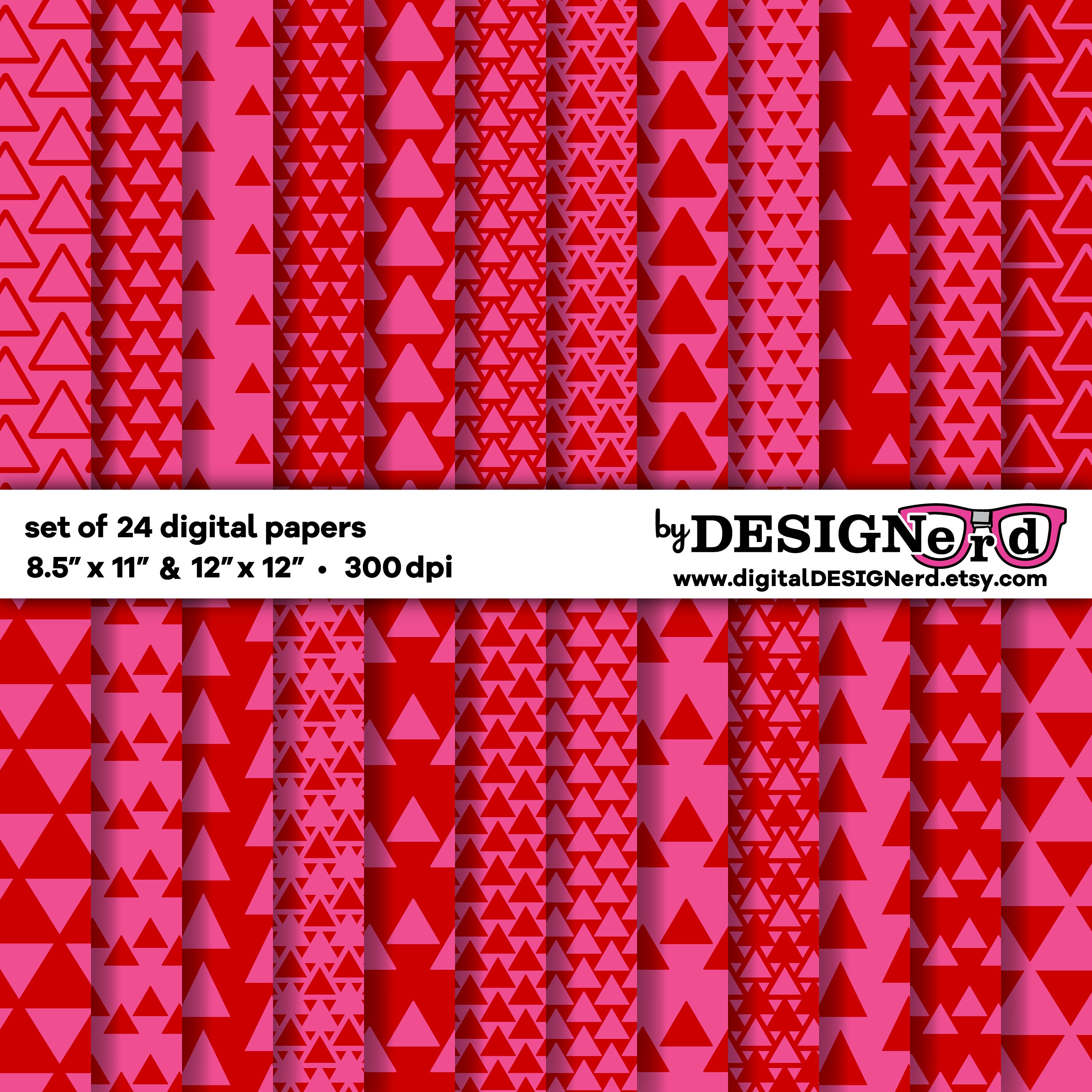 Digital Paper | Red and Pink Triangles | PNG 12x12 8.5x11 | Printable ...