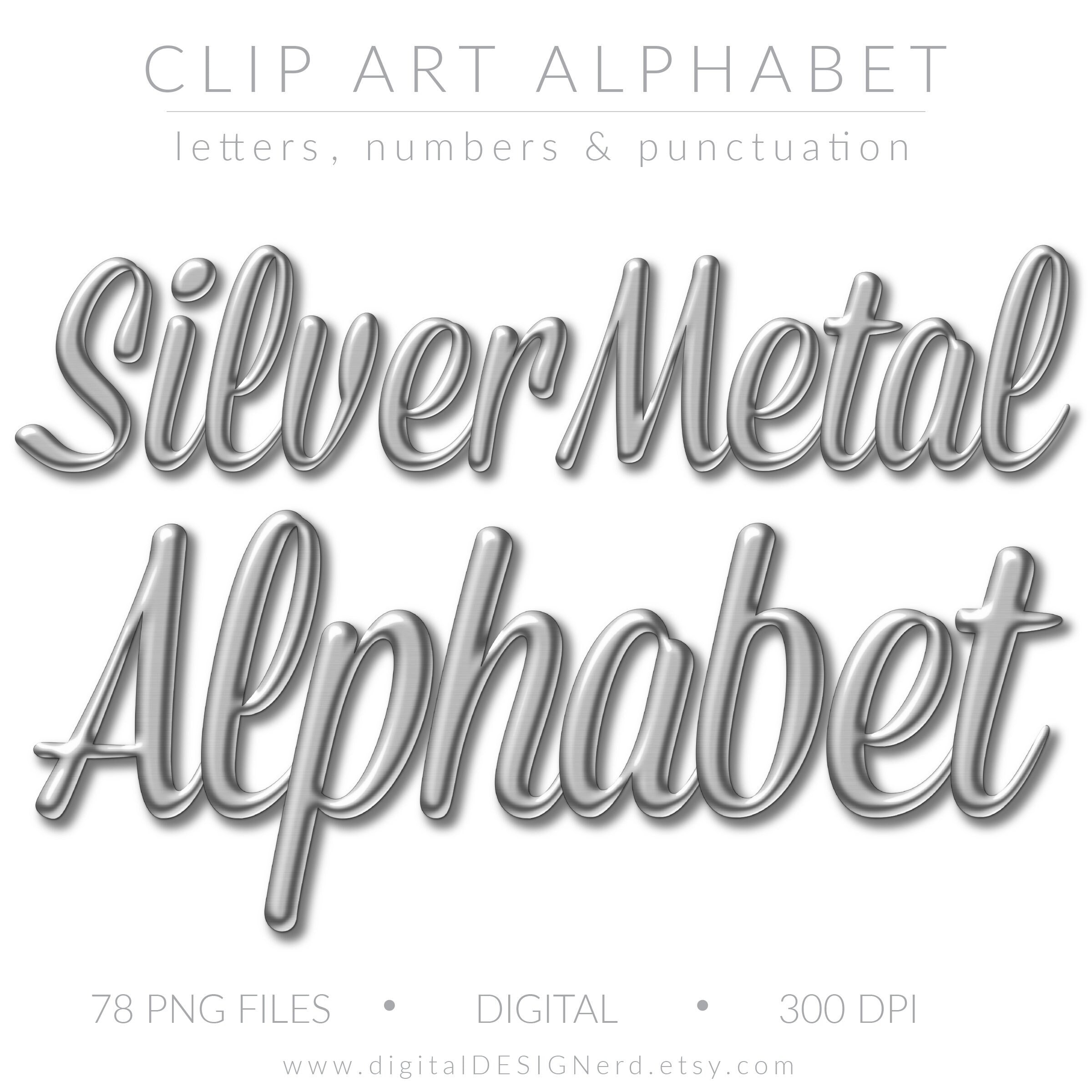 Clip Art Beveled Metal Alphabet Silver Metallic Letters Numbers &  Punctuation 78 Hi-res Textured Digital Scrapbook Embellishments PNG 