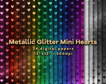 Metallic Glitter Foil Digital Paper | Bright Rainbow Shimmer Mini Hearts Collection | 24 Hi-Res Images (300 dpi) | 12 x 12 Printable Sheets