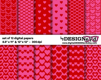 Red and Pink Heart Digital Paper | 12x12 & 8.5x11 | Printable Scrapbook Background Valentine Card Love Pattern Princess Birthday Party