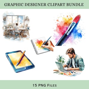 Op de afbeelding: Watercolor clipart bundel met grafische ontwerpelementen. Bevat afbeeldingen van een persoon aan een bureau, een persoon die in een schetsboek tekent, een tablet met een stylus, een penseel en een persoon die op een laptop werkt. Tekst luidt "GRAPHIC DESIGNER CLIPART BUNDLE" en "15 PNG FILES."