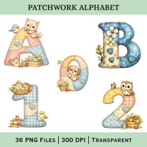 May include: A digital graphic set titled PATCHWORK ALPHABET featuring letters A, B, and O, and numbers 1 and 2. Each character is designed with a quilted patchwork pattern in blue, yellow, and pink, decorated with illustrations of kittens, puppies, owls, birds, butterflies, and flowers.