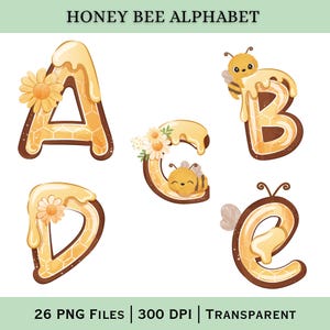 Puede incluir: Un conjunto gráfico digital titulado HONEY BEE ALPHABET que presenta las letras A, B, C, D y E. Cada letra está representada con un patrón de panal marrón y amarillo con miel goteando, decorada con pequeñas flores amarillas y abejas.