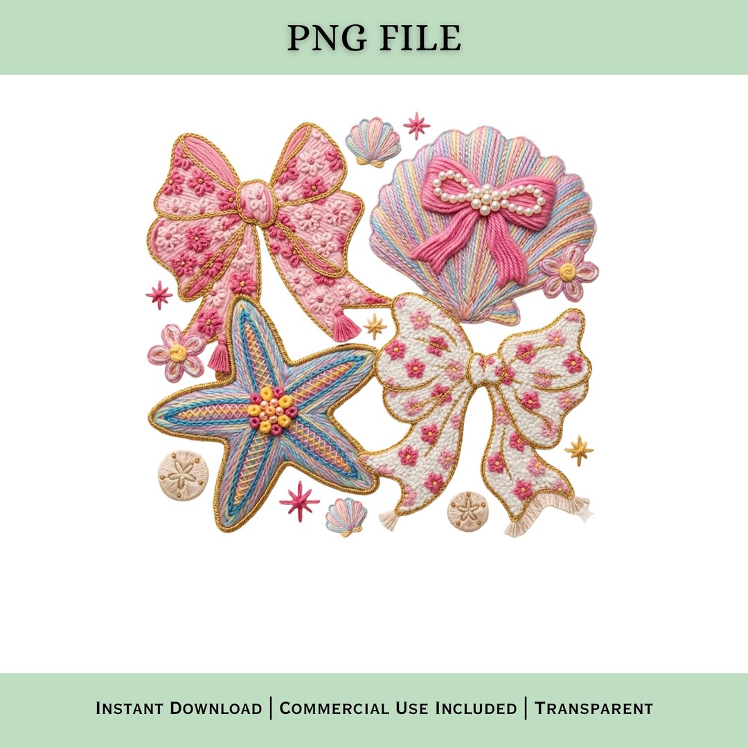Coastal Bow Clipart PNG Bundle | Beach Seashell Starfish Bows | Pink ...