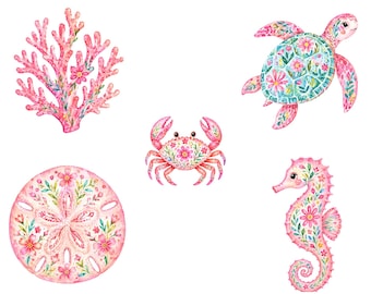 Blommiga havsdjur Clipart-paket | Rosa akvarell havsdjur PNG (digital nedladdning)