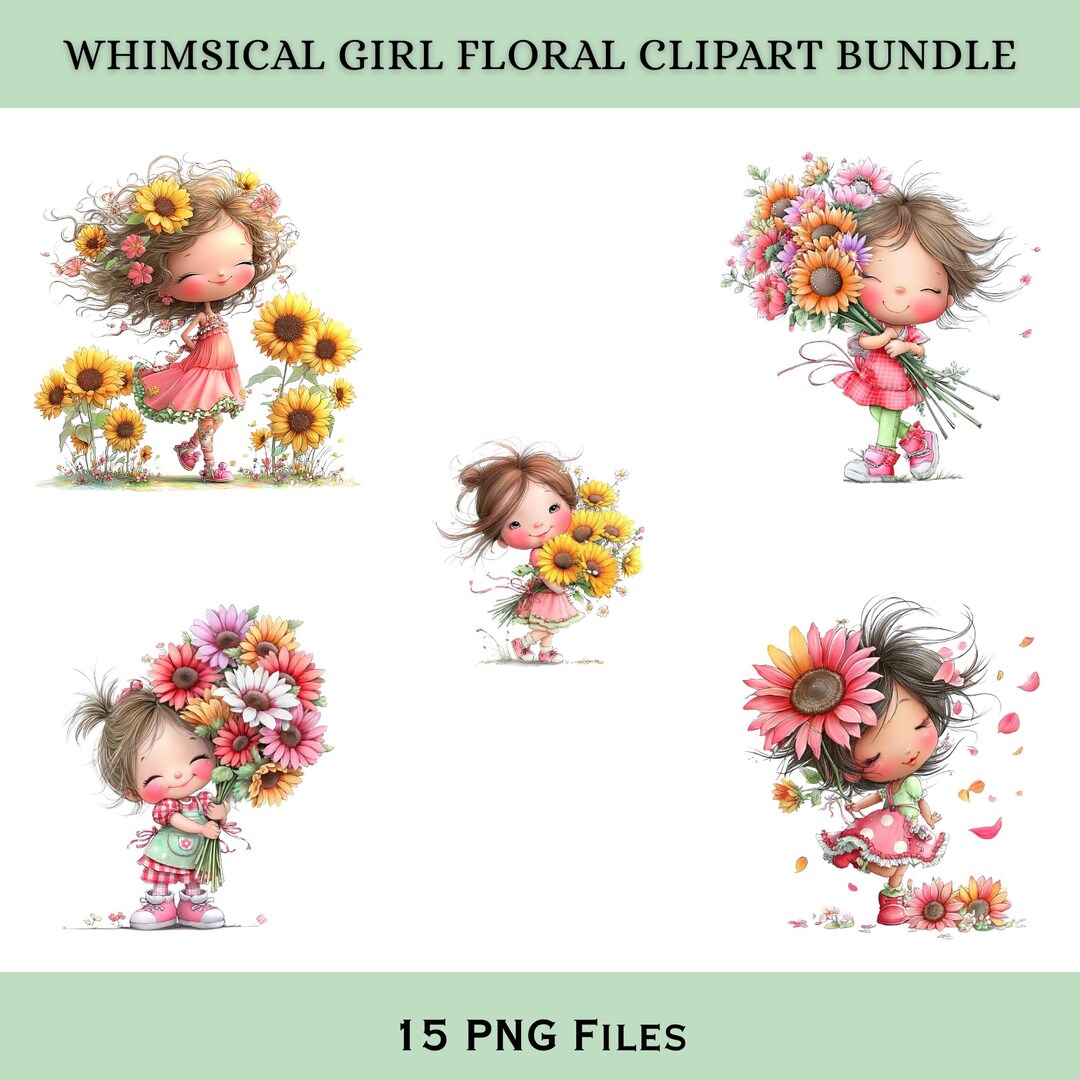 Whimsical Girl Floral Clipart Bundle | Watercolor Summer Kids PNG ...