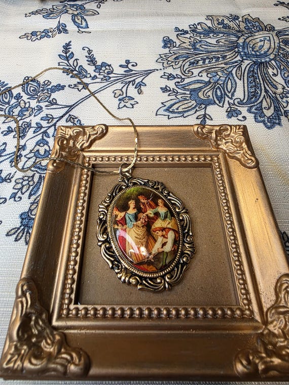 Victorian style pendant necklace Fragonard style courting scene with chain