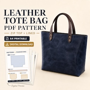 May include: A navy blue leather tote bag with dark brown handles and a zippered top. Next to the bag are printed pages labeled LEATHER TOTE BAG PDF PATTERN, A4 PRINTABLE, and DIGITAL DOWNLOAD, showing diagrams for the outer body, handles, and lining.