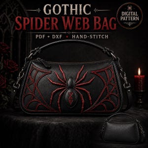 May include: A black handbag featuring a red spider and web design on the front, with text reading GOTHIC SPIDER WEB BAG, DIGITAL PATTERN, PDF + DXF, HAND-STITCH. A smaller, plain black version of the bag is shown in the bottom right corner.