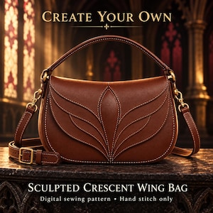 Puede incluir: Un bolso de cuero marrón en forma de media luna con un patrón de alas esculpido, costuras blancas, un asa superior y una correa ajustable con herrajes de latón. El texto dice: CREATE YOUR OWN SCULPTED CRESCENT WING BAG Digital sewing pattern • Hand stitch only.