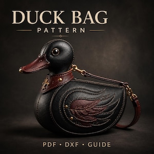 May include: A black and dark red duck-shaped bag with a textured surface, featuring a gold-toned fleur-de-lis emblem, brass rivets, and a thin shoulder strap. The text DUCK BAG PATTERN and PDF DXF GUIDE are visible in the image.