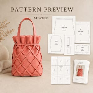 May include: A coral-colored handbag with a lattice-style exterior overlay and two top handles, displayed alongside A4 printable sewing pattern sheets labeled Front Body, Back Body, Gusset, Handle, and Collar, plus a set of pattern instructions.