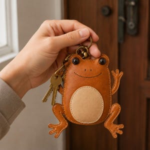 May include: A brown leather frog-shaped keyring featuring a lighter tan circular belly patch, dark bead eyes, and stitched details. The frog has four limbs and is attached to a brass-toned metal ring holding two small brass-coloured metal keys.