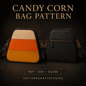 May include: Two trapezoidal bags with gold hardware and shoulder straps. One bag features horizontal stripes of cream, orange, and yellow. The other is solid black with a zippered pocket. Text reads CANDY CORN BAG PATTERN, PDF + DXF + GUIDE, PATTERNCRAFTSTUDIOX.