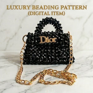 May include: A black beaded handbag with a gold chain strap and handle. The word "Dior" is displayed in gold lettering on the front of the bag. The text "LUXURY BEADING PATTERN (DIGITAL ITEM)" is at the top.