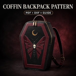 May include: A coffin-shaped backpack featuring a black and dark red color scheme. The front panel displays a gold crescent moon and a moth graphic with a skull on its body. The text COFFIN BACKPACK PATTERN PDF + DXF + GUIDE is visible.