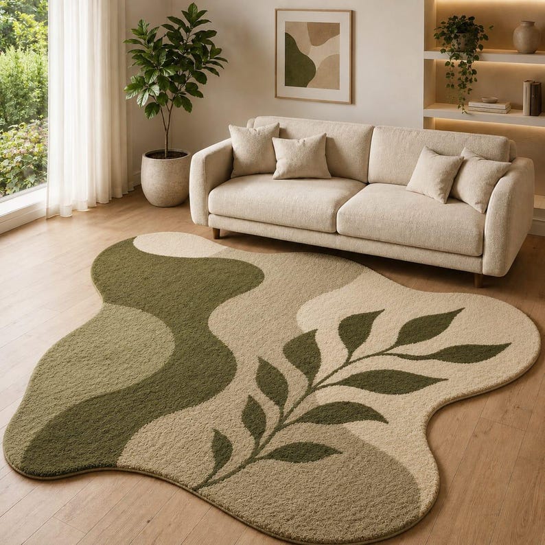 Abstract Leaf Pattern Area Rug Abstract Leaf Shaped Area Rug, Soft Plush Anti-skid Carpet, Green ...