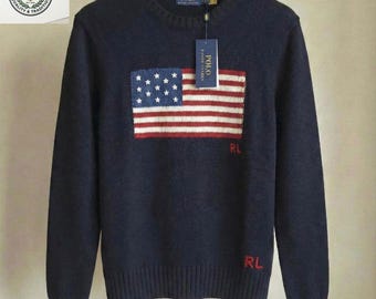 Oryginalny sweter polo Polo Ralph Lauren z flagą USA, męski, dzianinowy, z okrągłym dekoltem
